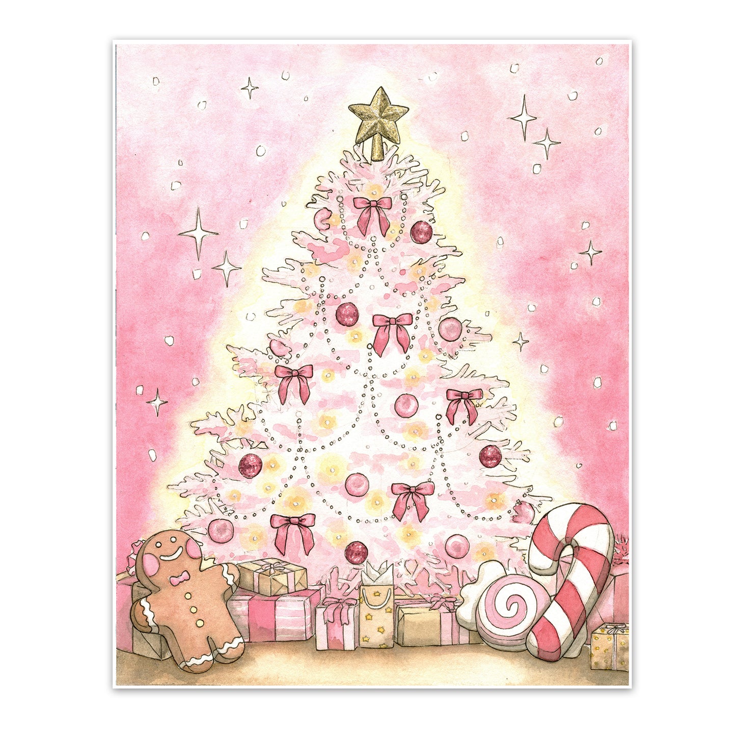 An art print with a pink Christmas tree decorated with pink bows, and pink ornaments, topped with a sparkly gold star. Pink presents are under the tree with peppermint plushies and a gingerbread stuffie.