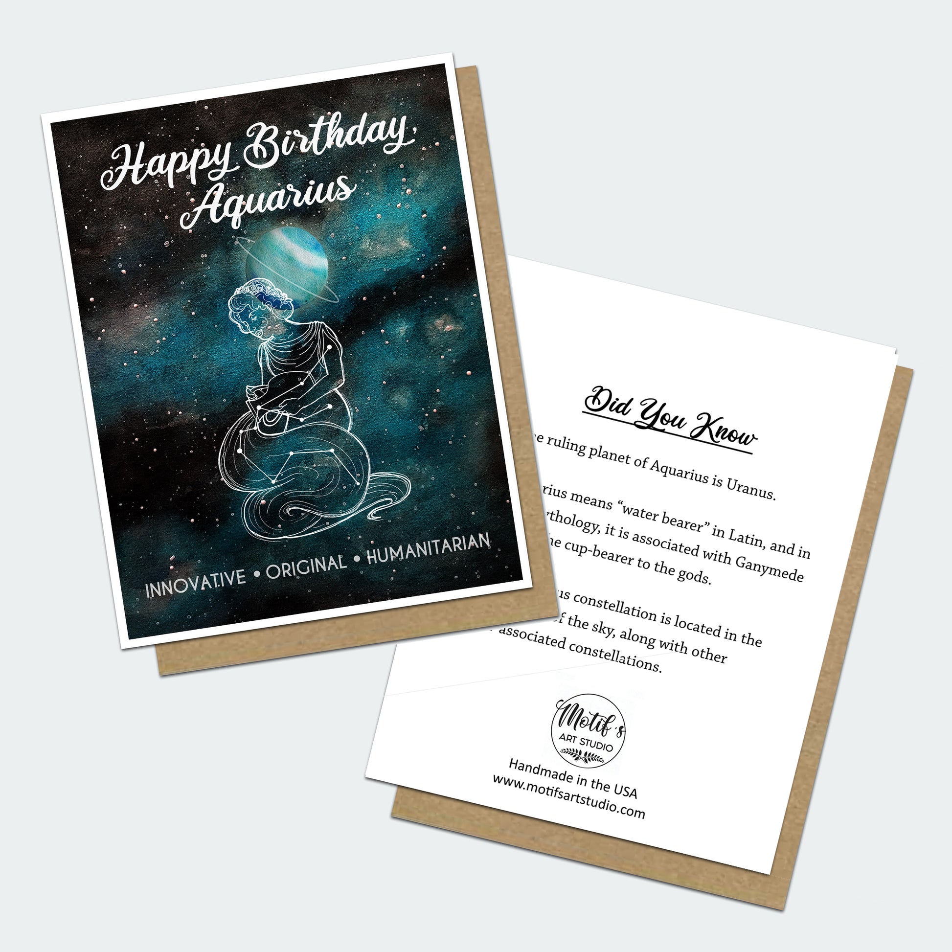 The front and back of a birthday card for people born under the Aquarius sign.