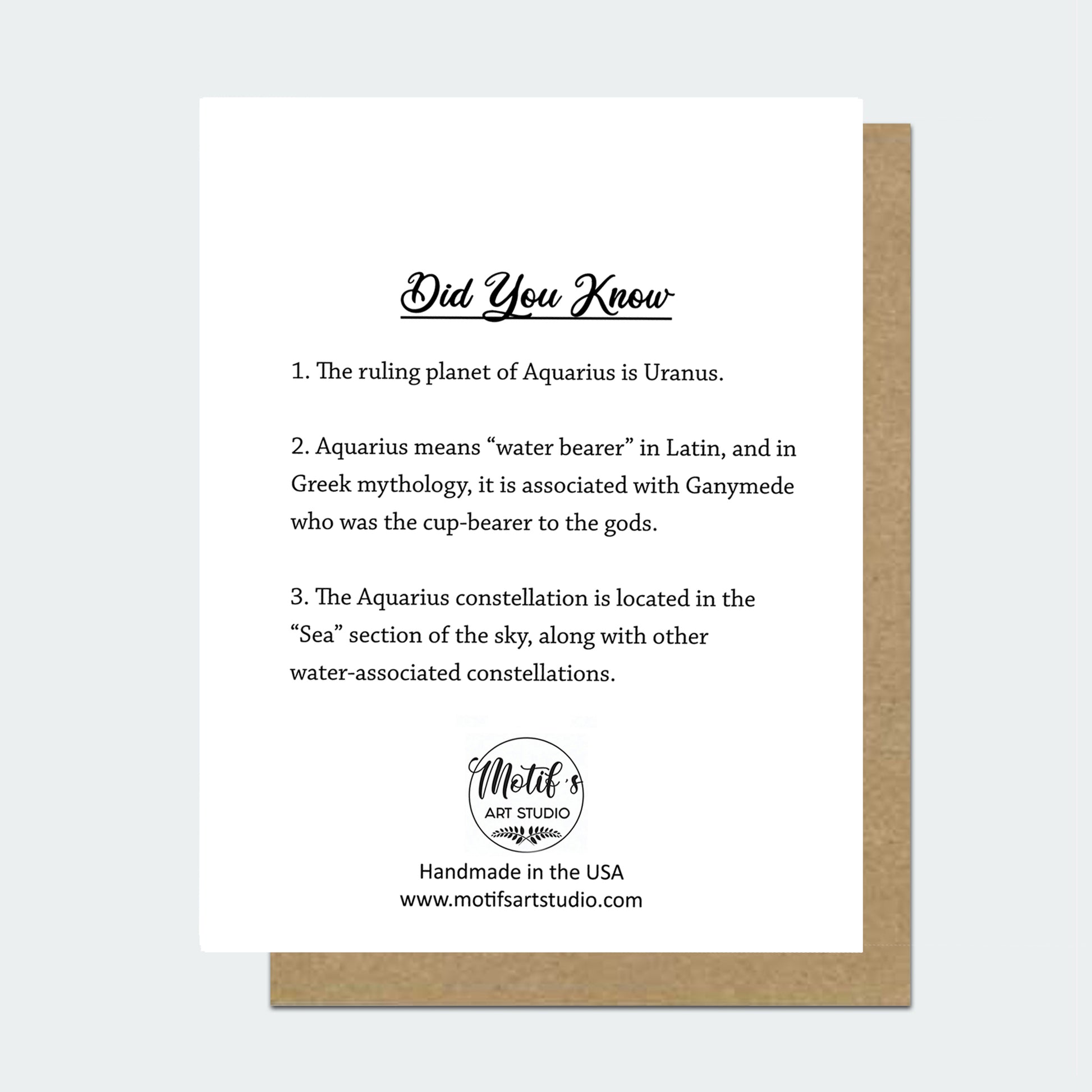 The back of the greeting card has 3 did you know facts about the Aquarius sign.