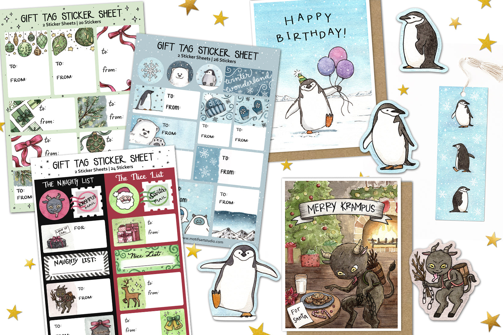Collection of gift tag sticker sheets and greeting cards with penguin designs and krampus designs.