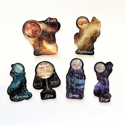 A variety of astrology stickers with the constellation, name, representing figure, and ruling planet.