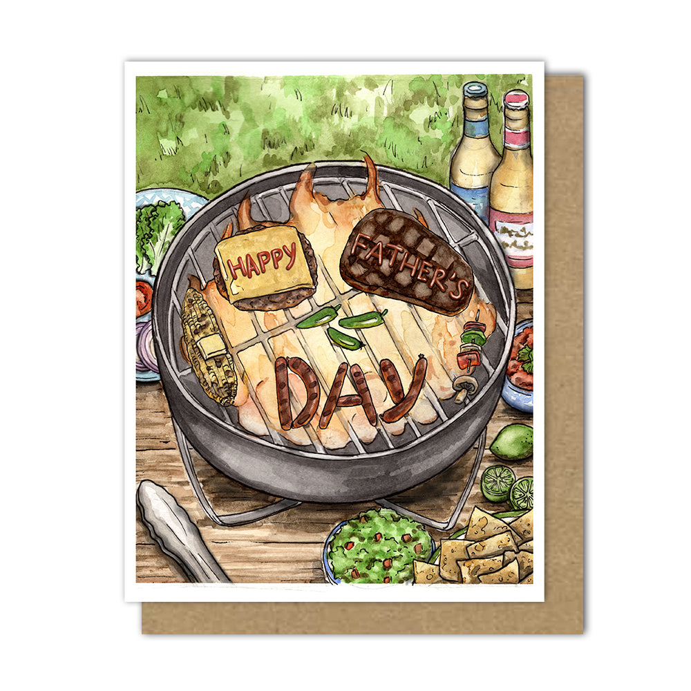 A card of a bbq grill with "Happy Father's Day" written with ketchup and sauces and sausages.