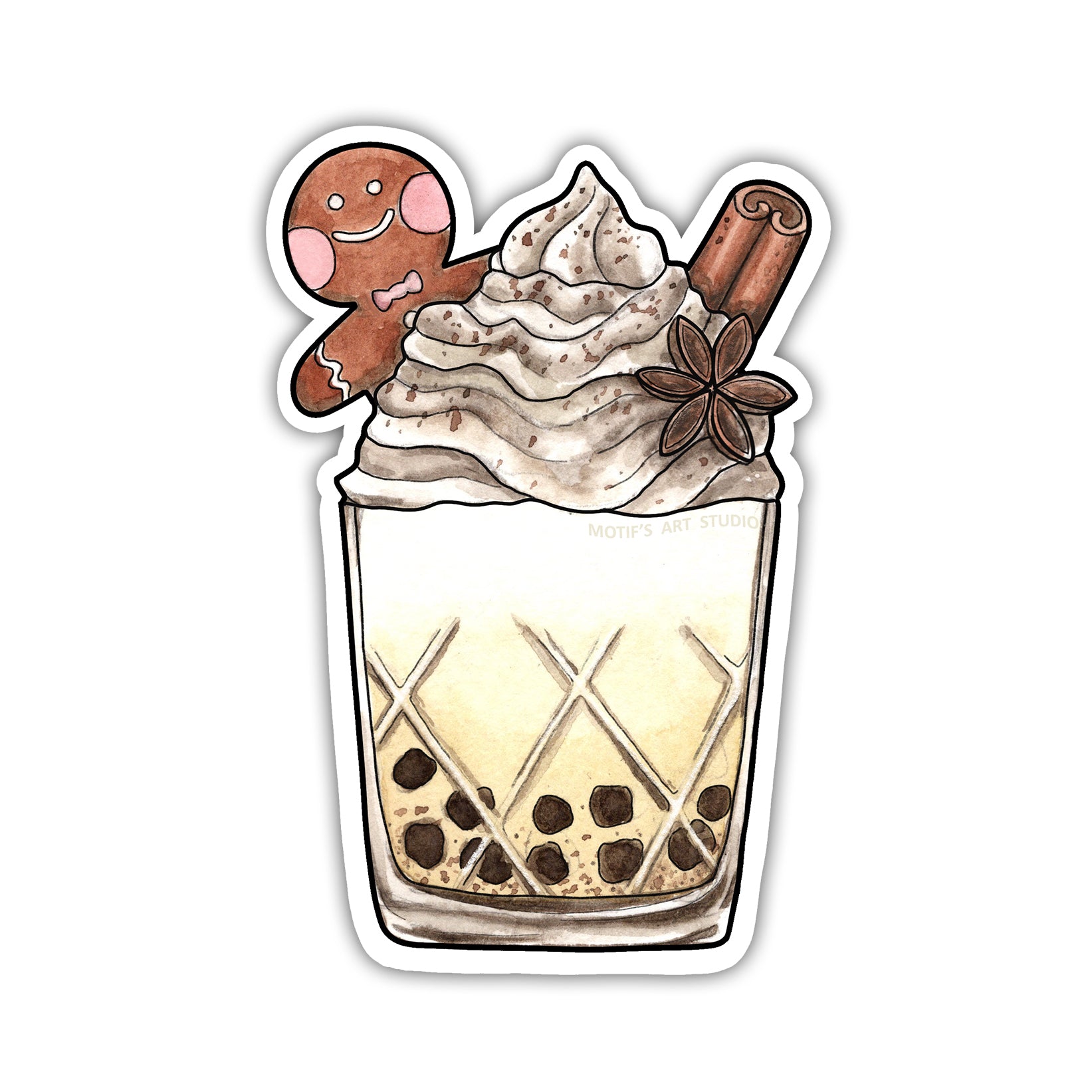 Eggnog drink with boba, topped with a gingerbread man, whipped cream, star anise, and a cinnamon stick.