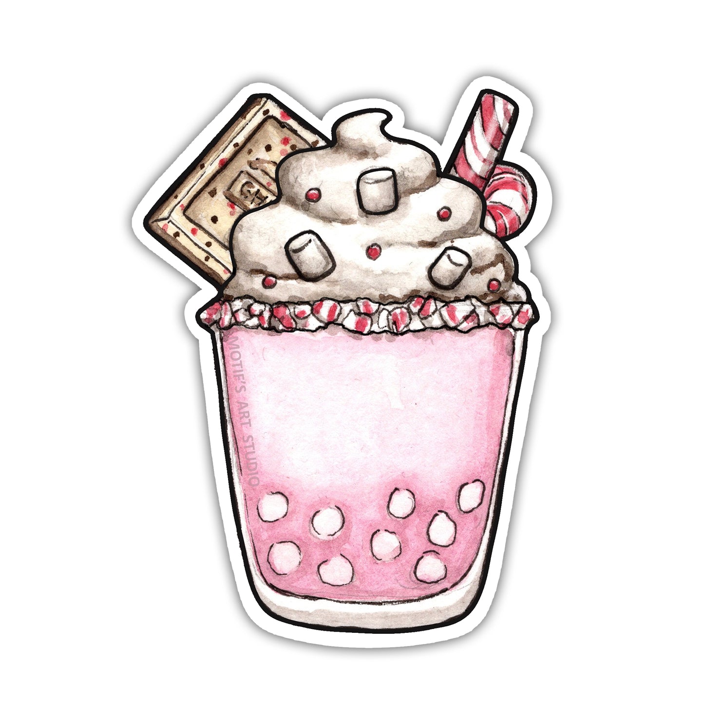 Pink peppermint boba drink with ghirardelli white chocolate peppermint square and marshmallows and candy cane stick.d