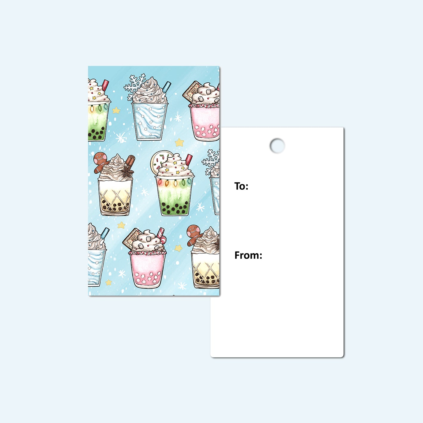 Front and back of a gift tag with boba drinks.