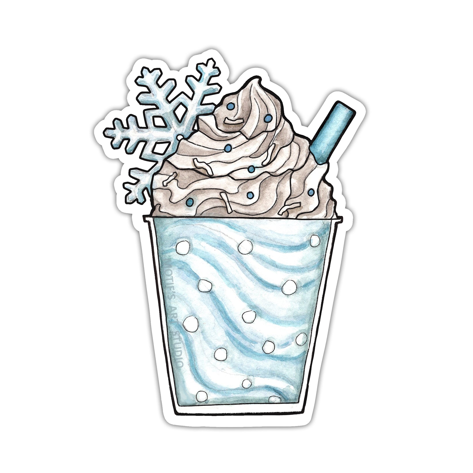 Sticker of a blue boba drink with snow inside and topped with a snowflake and coconut.