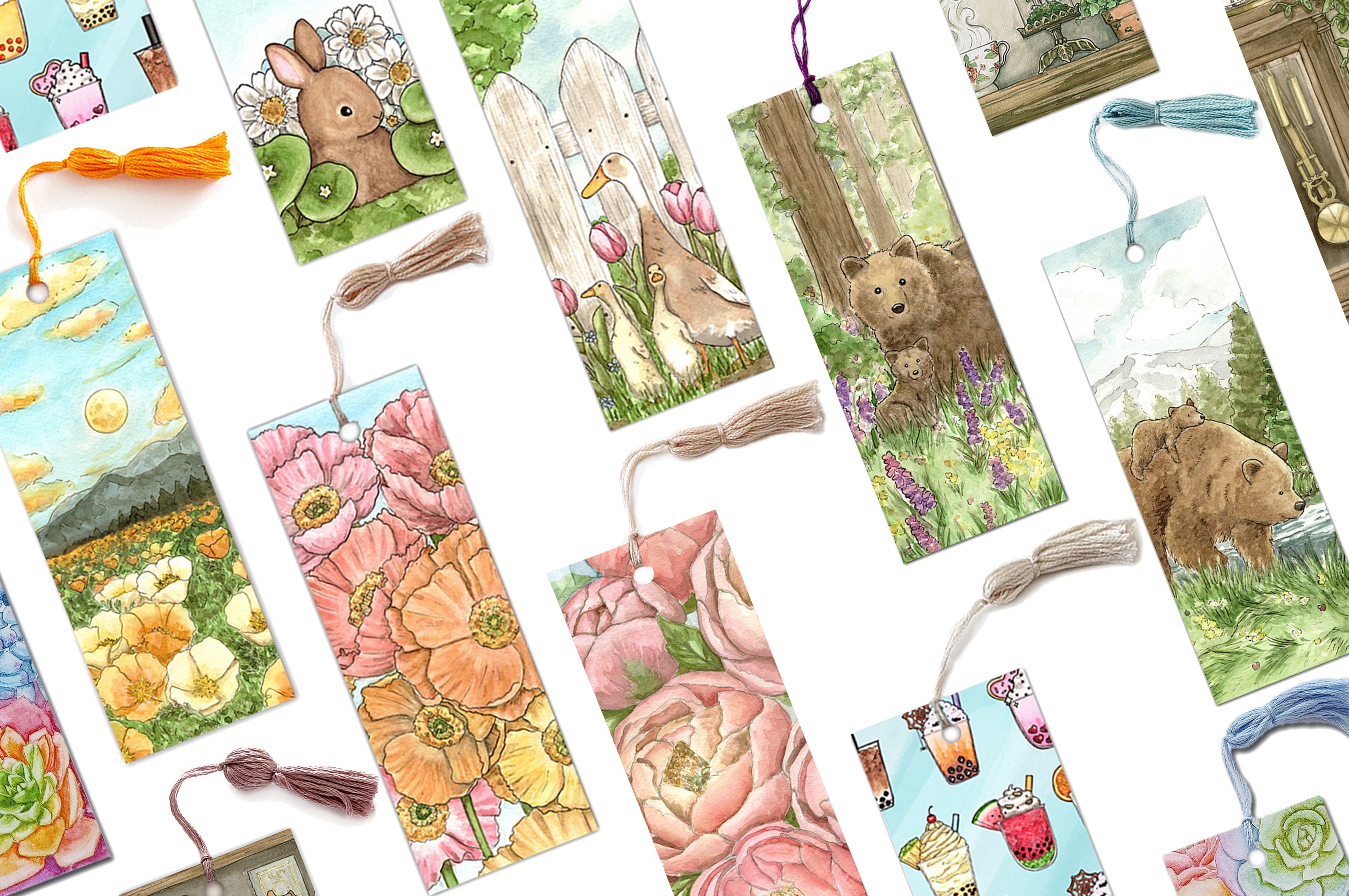 A variety of beautiful and colorful bookmarks with florals and nature designs.