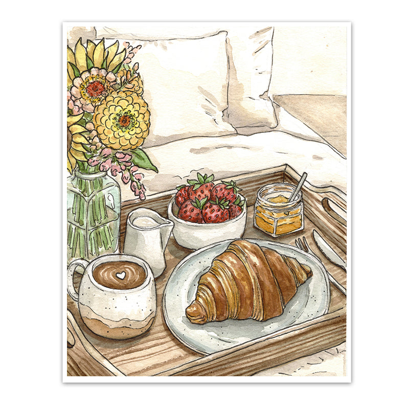 a painting of a breakfast tray filled with a freshly baked croissant, a hot cup of coffee, with a side of strawberries and jam. A fresh bouquet of flowers decorate the tray, sitting on top of the bed.