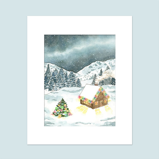 "Cabin in the Snow" Watercolor Painting