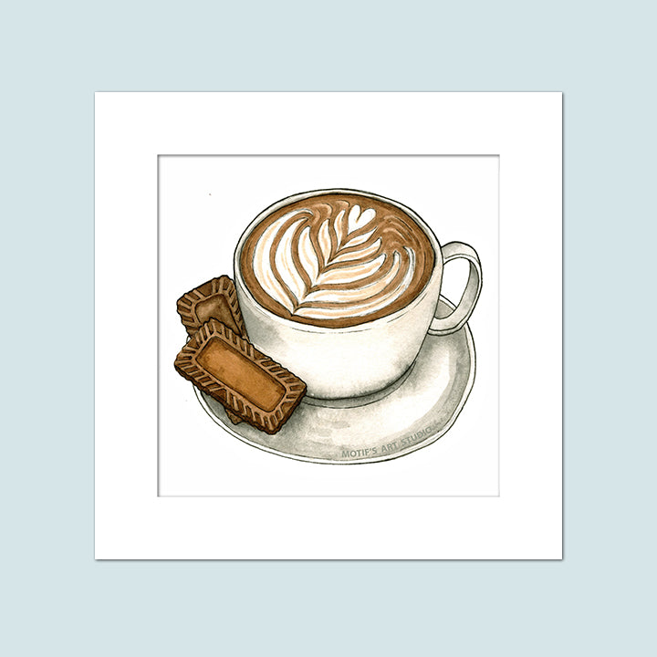 A white mug with beautiful latte art with two biscoff cookies sitting on the saucer with a white background. An original painting with a custom white matte.