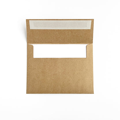 Self-sealing kraft paper envelope showing how the greeting card looks inside.