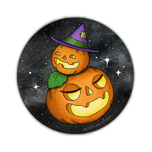 a circle sticker of 2 silly jack-o-lanterns with a night sky background