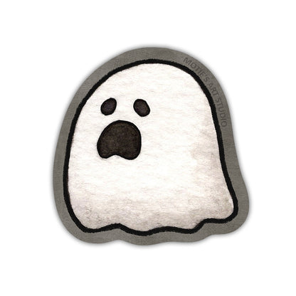 A small white ghost that is moaning with a gray border.