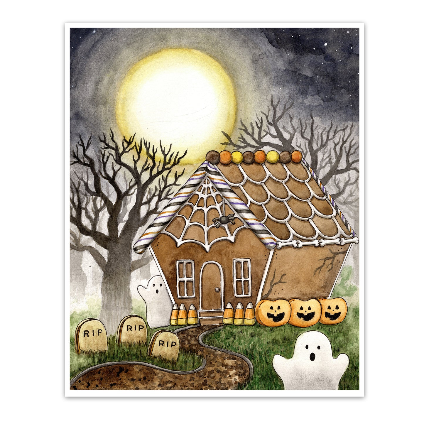 halloween gingerbread house covered in candy set in a spooky night setting with fog and dead trees