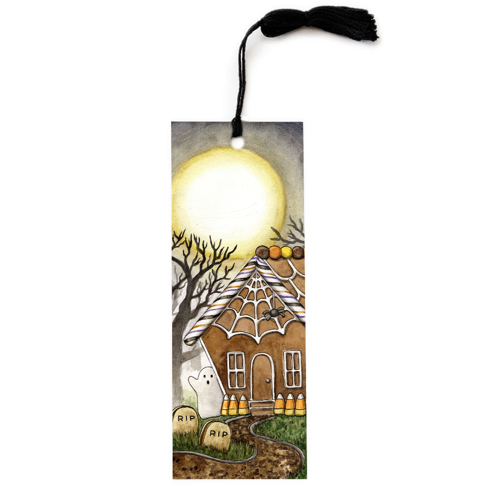 bookmark of halloween gingerbread house with candy with a black tassel