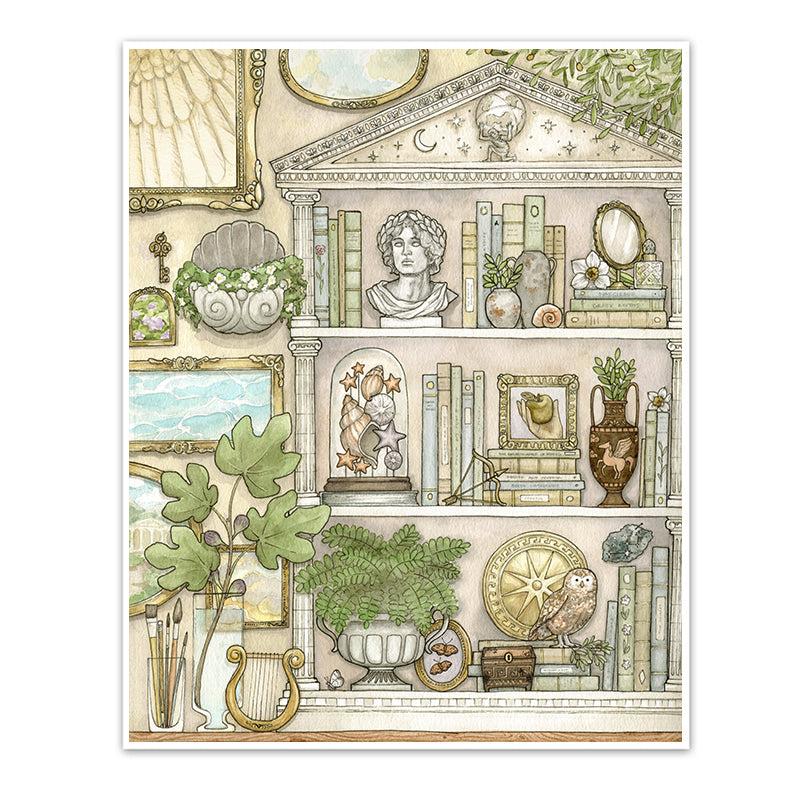 Art print with Greek mythology inspired art surrounding a bookcase with myth references, objects, books, and plants.