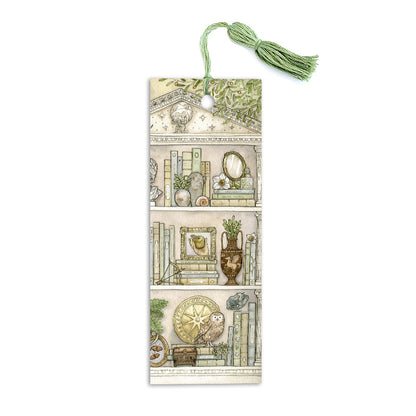 Bookmark featuring a bookshelf filled with greek myth references and various objects and plants. Has a green tassel also.