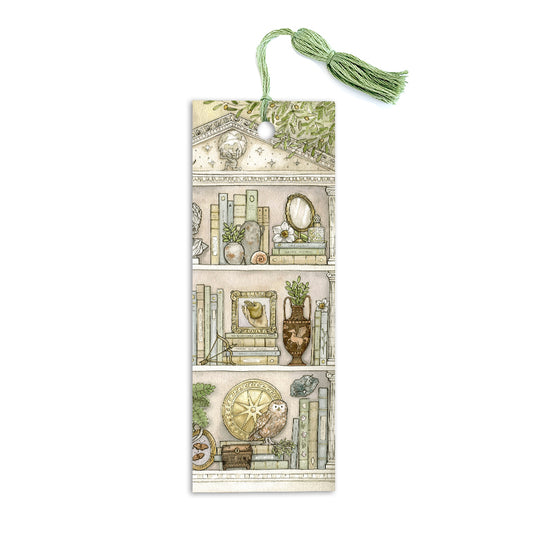 Bookmark featuring a bookshelf filled with greek myth references and various objects and plants. Has a green tassel also.