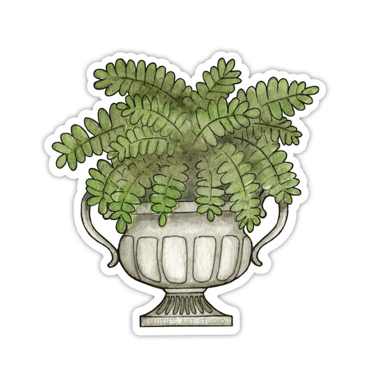 Sticker of a Boston fern inside a gray stone urn.