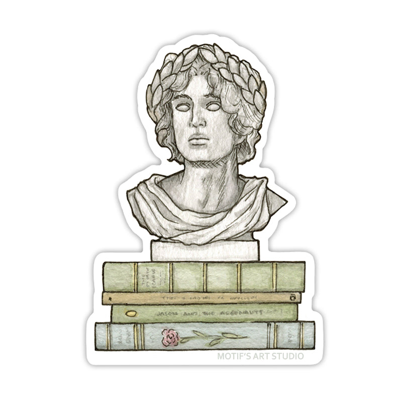 Sticker of a Greek god bust wearing a laurel wreath on top of green and blue stacked books.