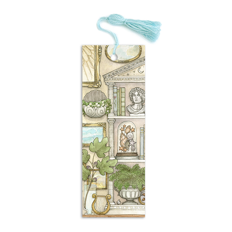 Bookmark with blue tassel featuring a greek mythology inspired bookcase, art, and plants.