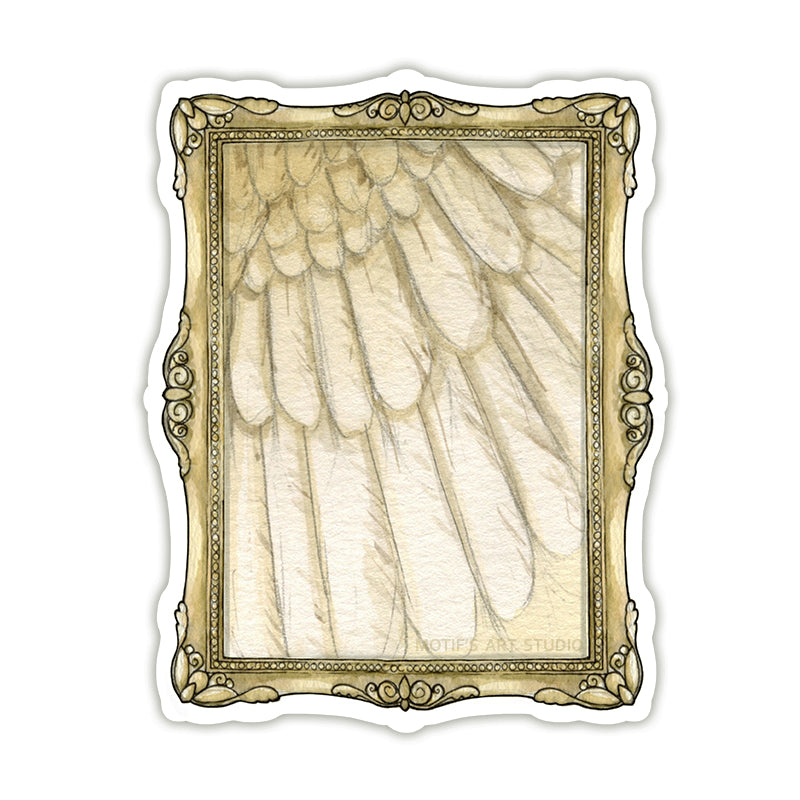 Sticker of a golden wing framed in a vintage gold frame.