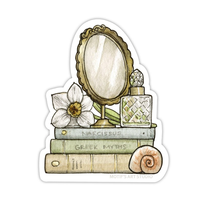 Sticker of a vintage mirror, perfume bottle, seashell, daffodil on a stack of books.