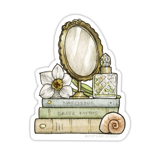 Sticker of a vintage mirror, perfume bottle, seashell, daffodil on a stack of books.