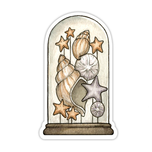 Sticker of a variety of orange seashells, sand dollars, and starfish inside a bell jar.