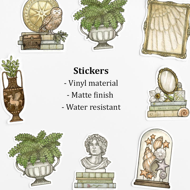 Collection of Greek mythology themed stickers on a white background with text indicating vinyl material and matte finish.