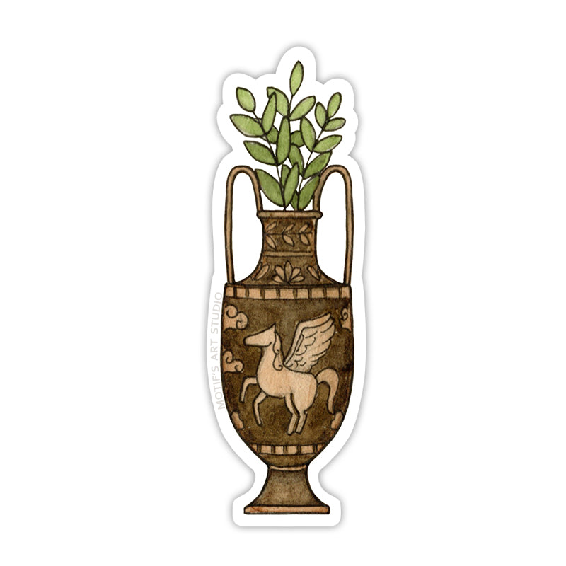 Brown clay amphora decorated with a Pegasus design, filled with green plants.  