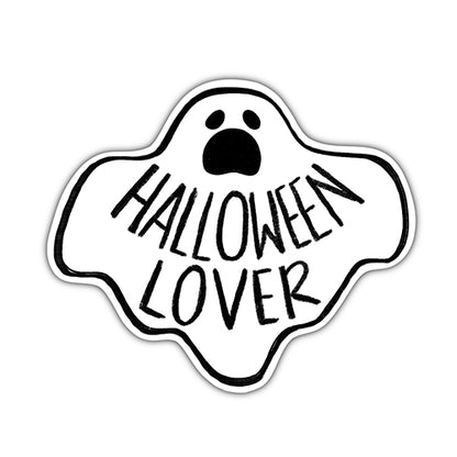 White ghost sticker with "Halloween Lover" text inside.