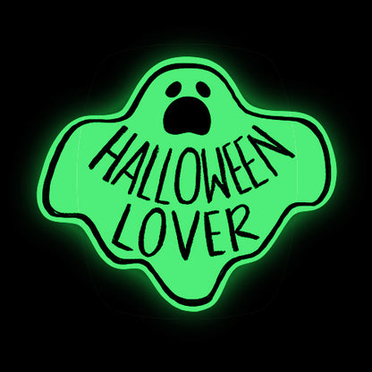 Glow in the dark sticker with a ghost shape and 'Halloween Lover' text.
