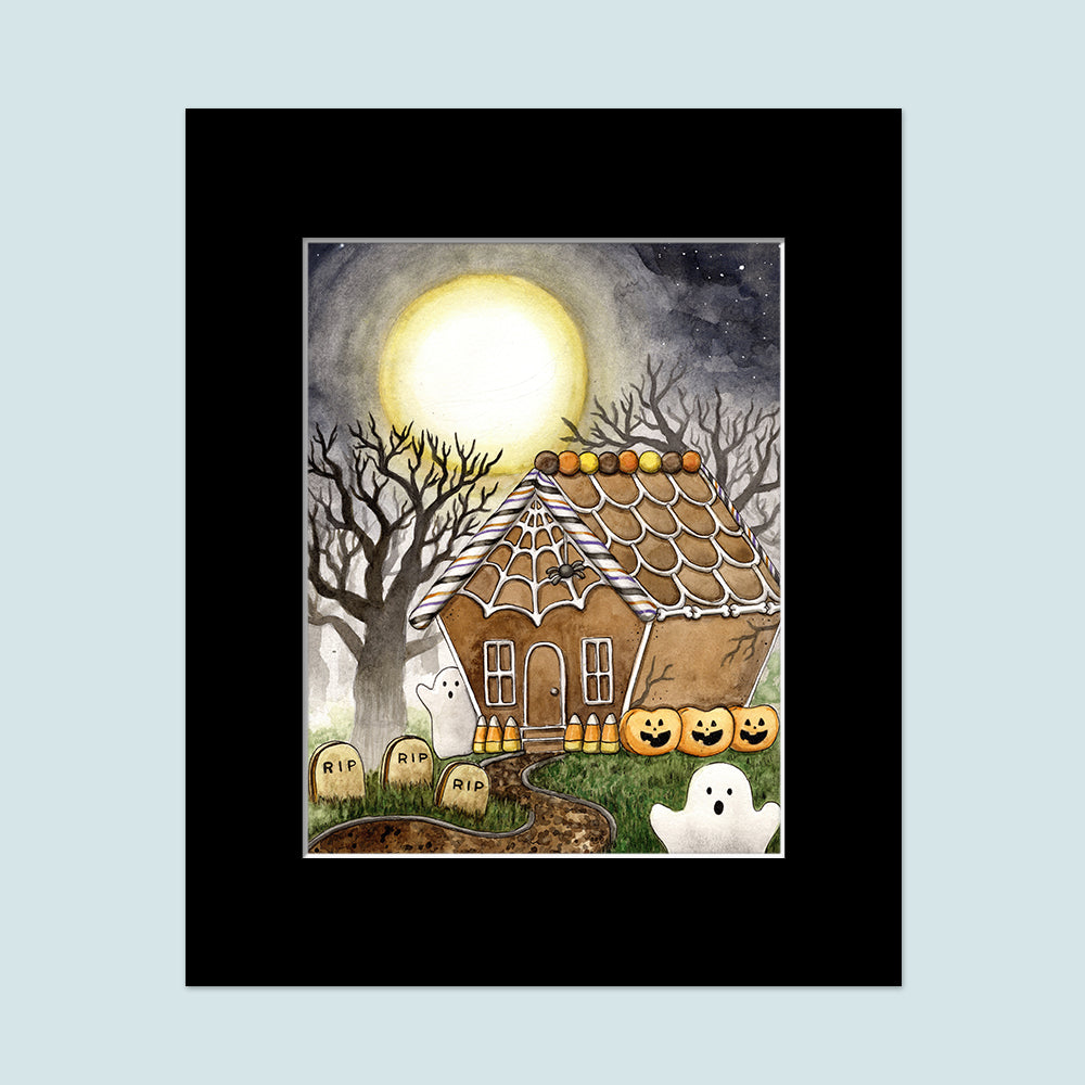 Original painting of a house made out of gingerbread and candy with ghost and pumpkin peeps greeting whomever stumbles upon it. As the house hides deep in a dark and foggy forest, a large full moon looms over the house and its Milano cookie graveyard.