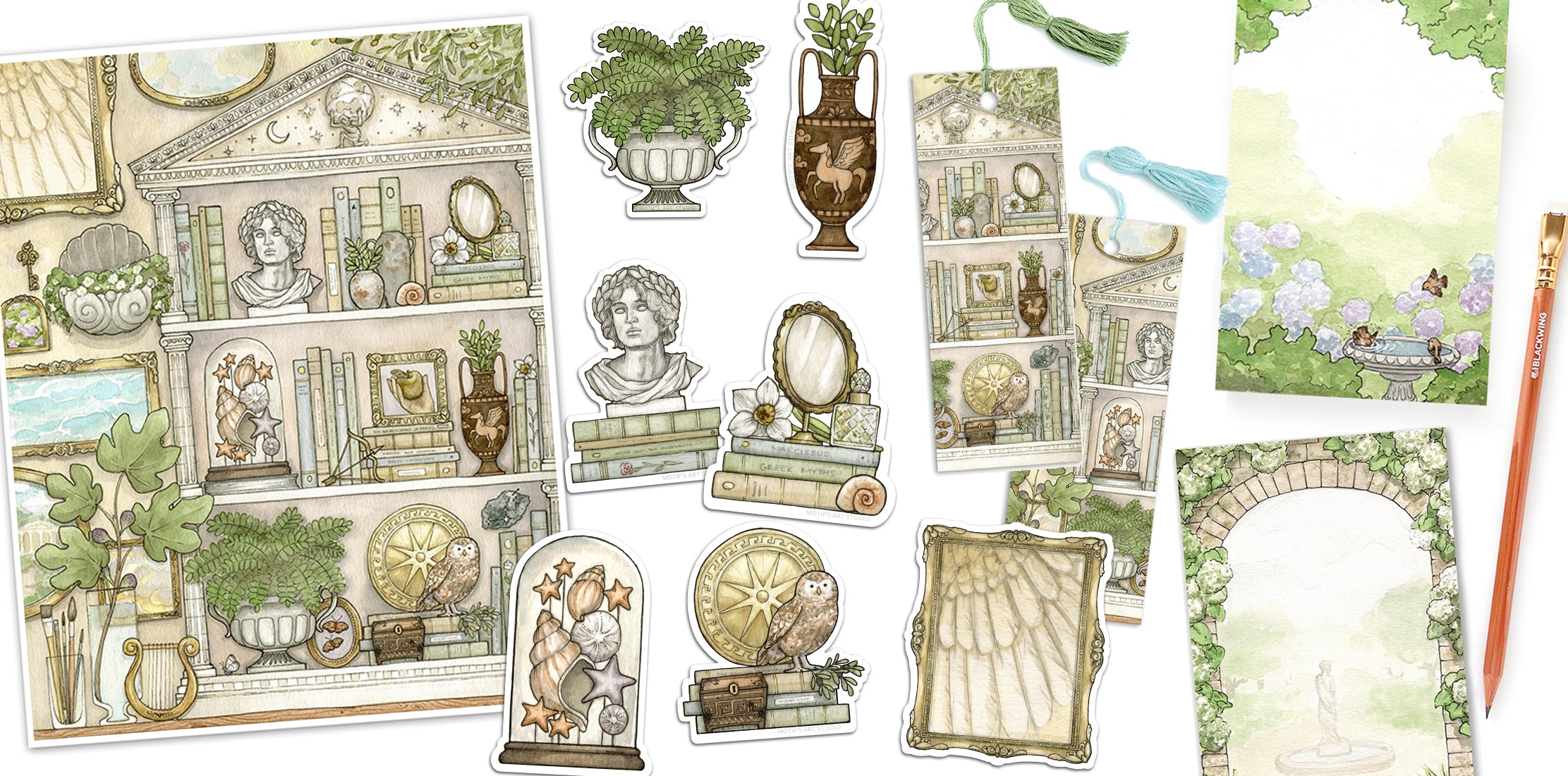 A Greek mythology inspired collection including an art print, notepads, bookmarks, and stickers with a neautral color palette.