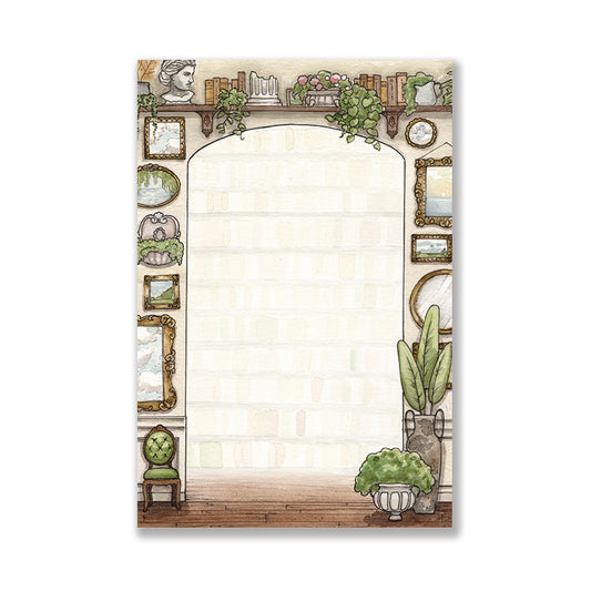 A notepad of a fancy house interior with a gallery wall and plants with an archway that leads to a large library in the background.