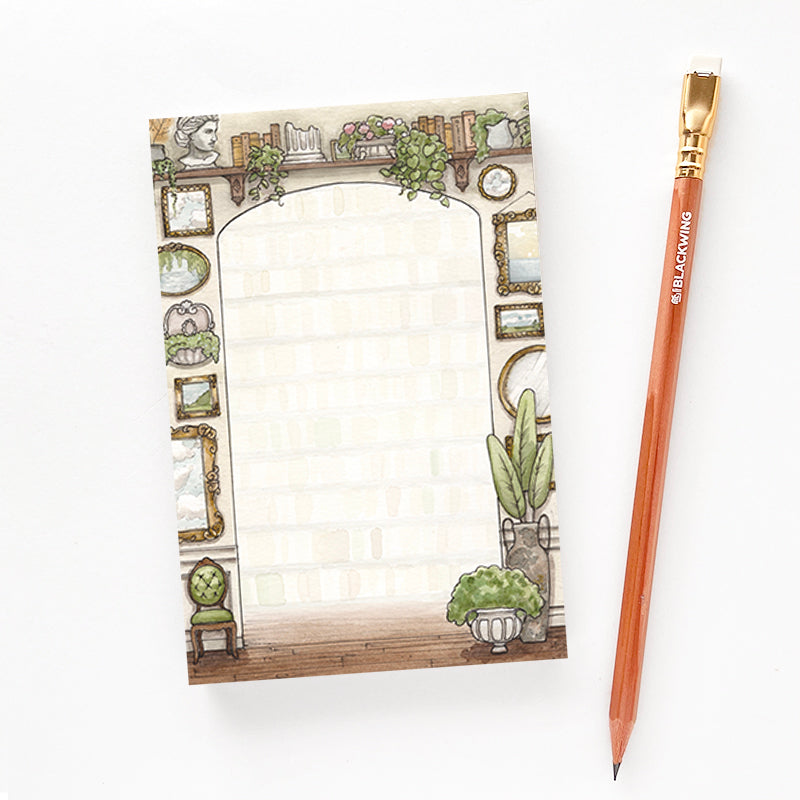 4x6 notepad with garden design next to a pencil for size reference.