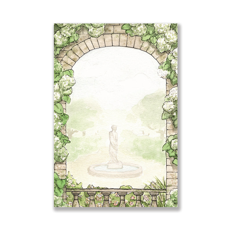 Small notepad of a stone archway with white flowers looking out onto a garden with a statue in the middle.