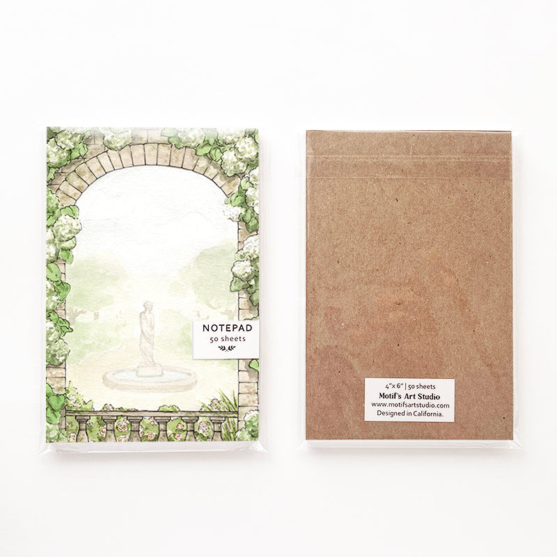 Notepad packaging with a chipboard backing in a cellophane bag.