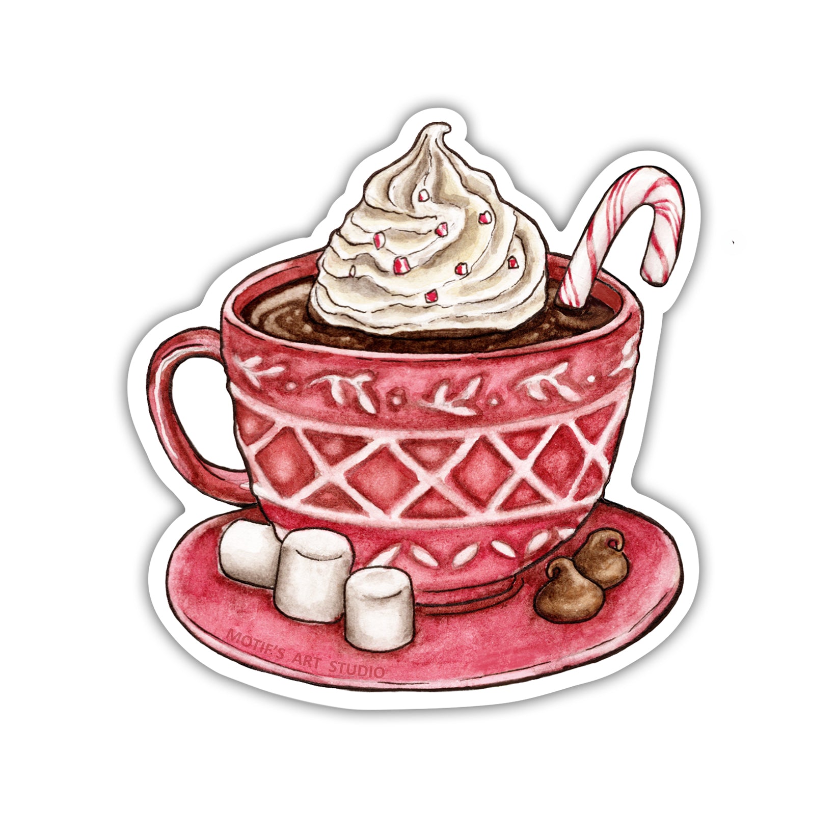 Sticker of a red mug with a sweater pattern on it filled with got chocolate, whipped cream, and a candy cane with marshmellows.