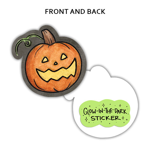 A Halloween-themed sticker shown on a white background with the text 'FRONT AND BACK' above it. The main sticker features a hand-drawn orange jack-o'-lantern with a dark gray border and green vine detail.