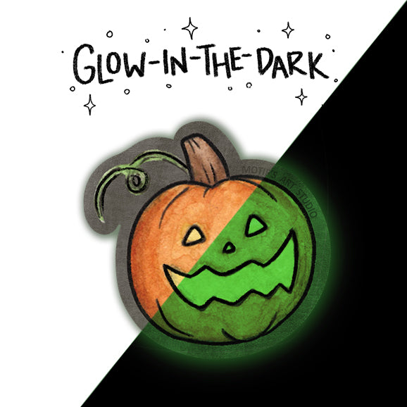 A Halloween-themed sticker of a jack-o'-lantern pumpkin with a carved face, shown on a split white and black background with the text 'GLOW-IN-THE-DARK' above it. The pumpkin face is split diagonally into orange and green, and the sticker has a dark gray outline with a faint glow effect.