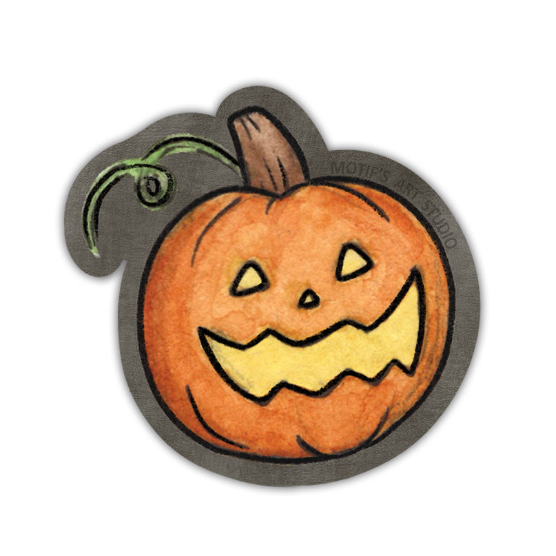 A die-cut sticker featuring a hand-drawn style orange jack-o'-lantern pumpkin with a carved yellow smiley face, brown stem, and green vine on a dark gray background.