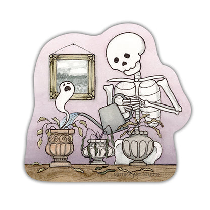 Sticker of a skeleton watering plants in a room with a painting on the wall and ghost of a dead plant with a purple background.