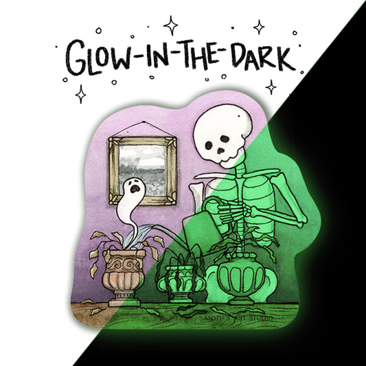 A die-cut sticker featuring a spooky cartoon skeleton watering dead plants. The sticker has a dual-color design showing both a normal purple scene and a glowing green scene. Glow in the dark is written above.