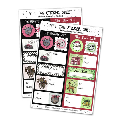 Two sheets of gift tag stickers with 'Naughty List' and 'Nice List' designs.