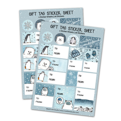 Two sheets of gift tag stickers with winter-themed designs on a white background.