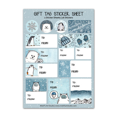 Gift tag sticker sheet with snowflakes, a yeti, a penguin, and a polar bear design on a blue background