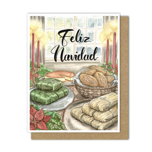 Greeting card with feliz navidad written on the front with tamales, bread, and flan, flanked by poinsettias and glowing candles.