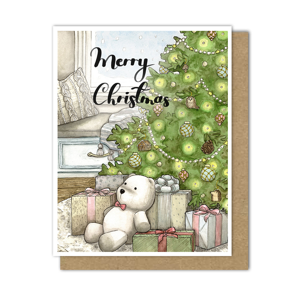 Decorate your home with this precious art print of an elegantly decorated Christmas tree with presents and an adorable teddy bear. Snow is falling outside, but the viewer is inside their cozy home with knit blankets and pillows to keep them warm.